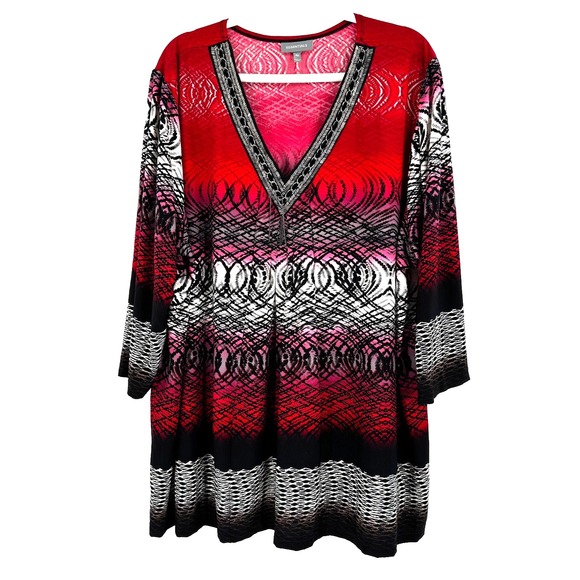 Essentials Liquid Knit V-Neck Tunic Top Women's 4X Red Abstract Metal Embellish - Picture 1 of 8